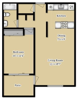 Floor plan for 1 bed, 1 bath, 610 sqft
